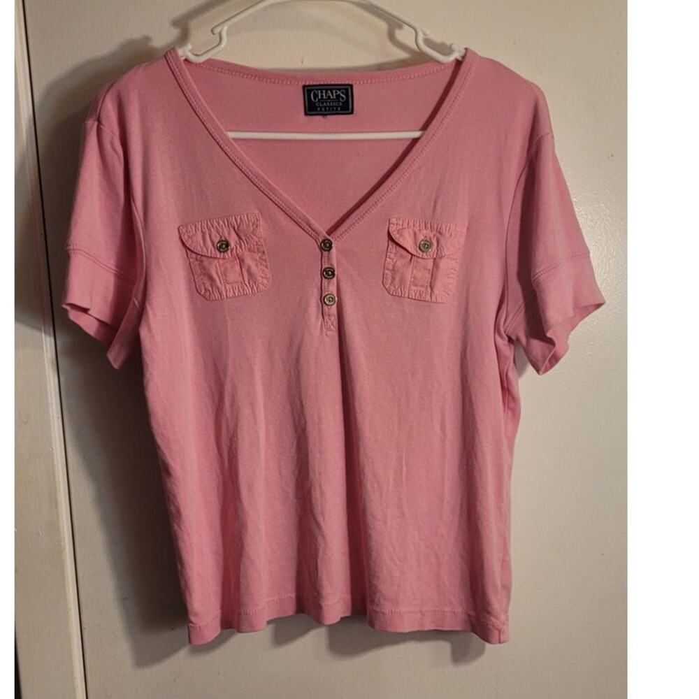 Pink V Neck Knit Top Petite Large Cuffed Sleeve Button Pocket Preppy Casual